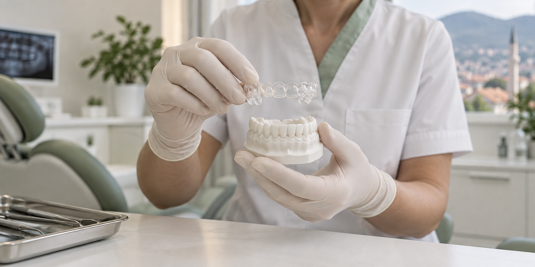 Prozirni aligner iznad dentalnog modela u stomatološkoj ordinaciji